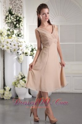 Khaki Color Bridesmaid Dress Cross Straps Empire Tea-length