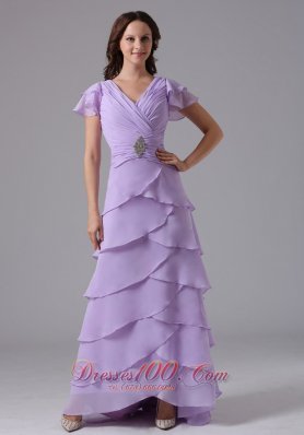 Cross Straps V-neck Lilac Prom Dress Layered Ruch