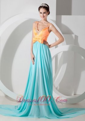 Aqua Blue and Orange Evening Dress Belt Brush Train