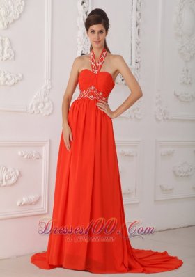 Halter Court Train Beading Red Prom / Evening Dress