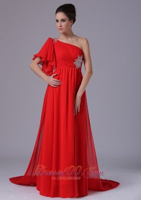 Beading Watteau Evening Dress Single Sleeve