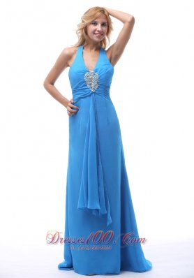 Ribbon Halter Blue Prom Dresses Beading Decorate