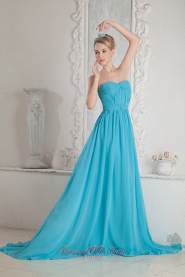 Court Train Chiffon Blue Pleated Prom Dresses