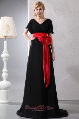 Black and Red Bowknot Butterfly Sleeves Prom Dress