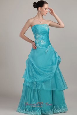 Organza Layered Teal Column Prom Dress Appliques