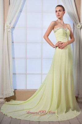 Brush Train Yellow Green Beaded Dress for Prom