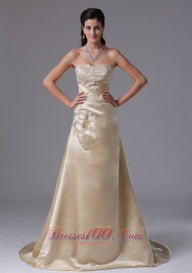 Brush Train Saitn Champagne Appliques Prom Dress