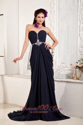 Drapped Texture Navy Blue Evening Dress Beading Train