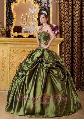 Olive Green Taffeta Appliques Handmade Flowers Quinceanera Dress