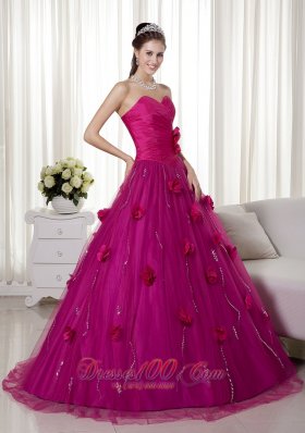 Fuchsia A-line Brush Train Tulle Flowers Dresses Quinceanera