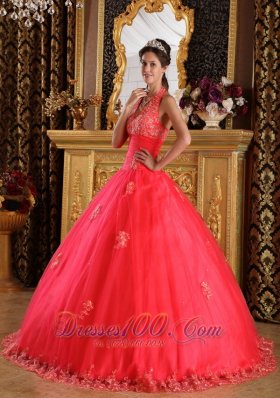 Coral Red Quinceanera Dress Halter Appliques Floor-length