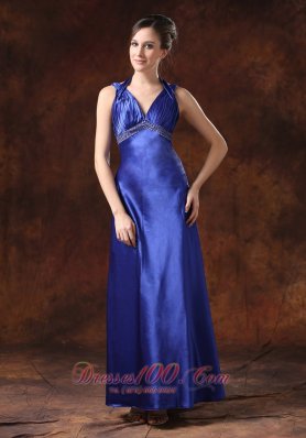 Royal Blue Beaded Halter Column Evening Dress