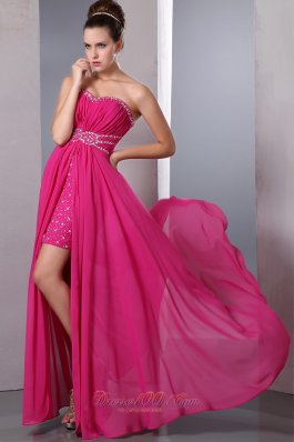 Hot Pink Column Chiffon Beading Prom Celebrity Dress High-low