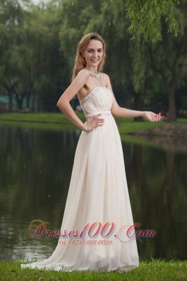 White Prom Dress Empire Strapless Brush Beading