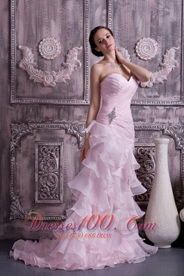 Baby Pink Prom Dress Brush Beading Ruched Ruffles