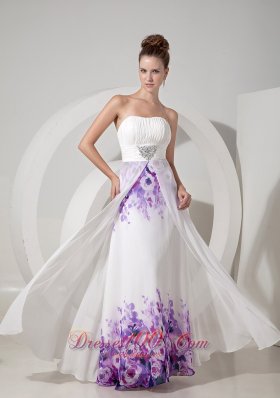 Printing Empire White Evening Dress Chiffon Beaded