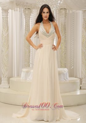 Beaded Prom Dress Evening Halter Champagne Prom Dress