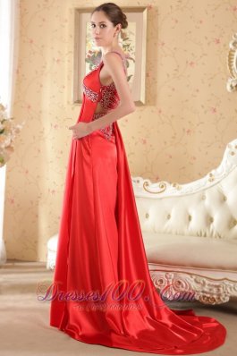 V-neck Beading Red Brush Train Prom Gown