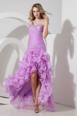 One Shoulder Lavender High-low Beading Prom Dress