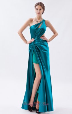 One Shoulder Beading Teal Ruched Prom Dress Keyhole