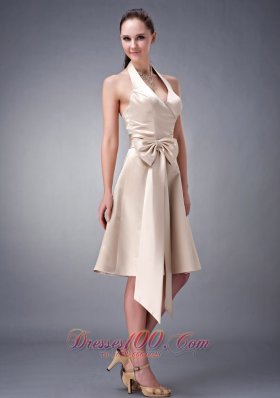 Halter Champagne Princess Tea-length Sash Bridesmaid Dress