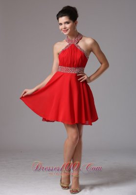 Beaded Halter and Belt Ruch Stylish Prom Dress Mini