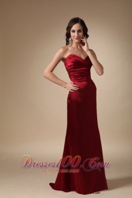 Wine Red Brush Train Evening Dress Satin Ruched