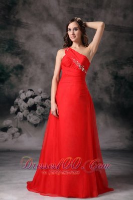 One Shoulder Evening Dress Red Appliques Chiffon