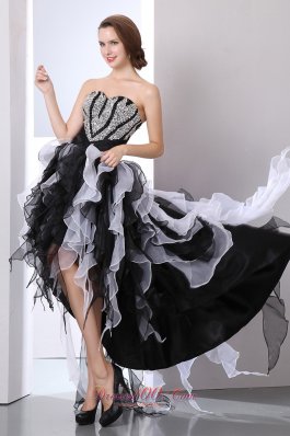 Ruffles High-Low White and Black Prom Holiday Dress Beaded