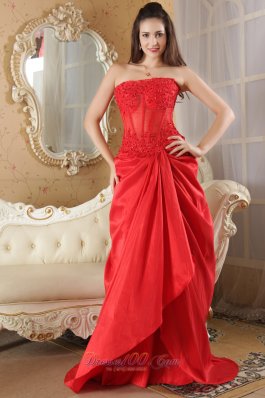 Brush Train Red A-line Taffeta Lace Prom Dress