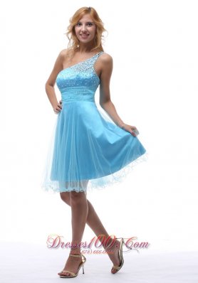 Beading One Shoulder Homecoming Knee-length Aqua Blue