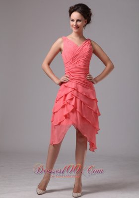 V Neck Ruches Layered Watermelon Prom Homecoming Dress