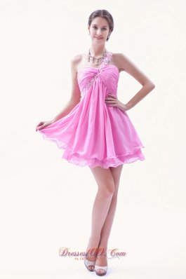 Rose Pink Beading Prom Dress One Shoulder Mini