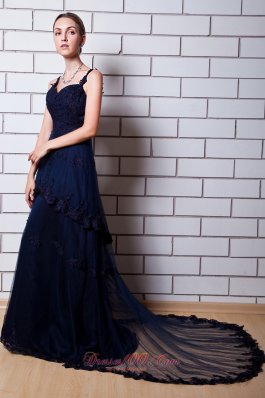 Navy Blue Appliques Straps Homecoming Dress Chapel Train