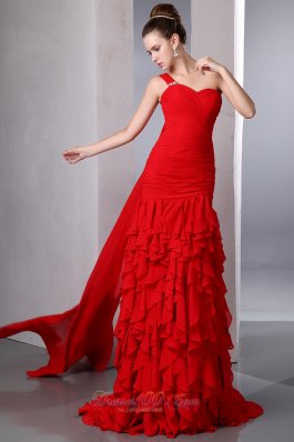 Bright Red One Shoulder Prom Evening Dress Ruffles