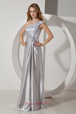 One Shoulder Beading Lace Silver Prom Evening Dress