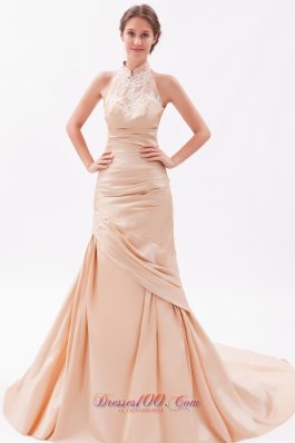 Embroidery Champagne High-neck Prom Evening Dress