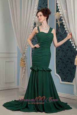 Dark Green Ruched Straps Mother Of Bride Dress Train