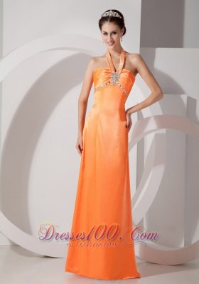 Orange Red Column Halter Evening Dress Satin Beading Ruch