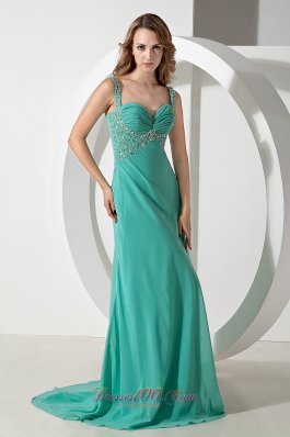 Hollywood Green Column Brush Train Beading Prom Dress