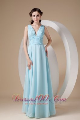 Straps V-neck Ruched Chiffon Aqua Evening Dress