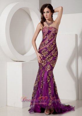 Floral Sequin Court Evening Celebrity Dress Mermaid Purple Design