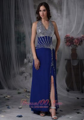 Blue Chiffon Halter Beaded Prom Dress with Slit