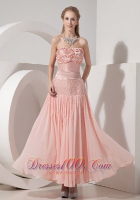 Ankle-length Handmade Light Pink Evening Dress Beaded