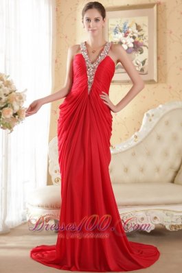 Halter V-neck Red Prom Dress Side Draping Chapel Train