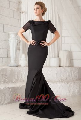 Black Bateau Short Sleeves Mermaid Open Back Prom Dress