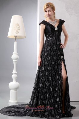 Fabulous Black V-neck Lace Slit Prom Celebrity Dress 2013