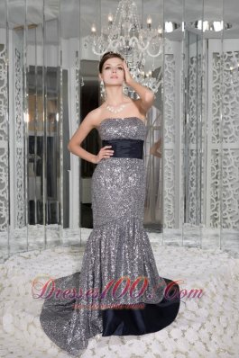 Mermaid Strapless Sequin and Taffeta Evening Dress Sash