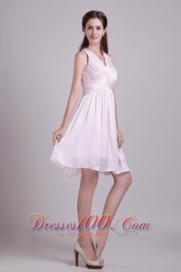 Baby Pink V-neck Short Chiffon Ruch Prom Dress