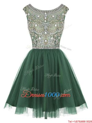 Scoop Sleeveless Prom Evening Gown Mini Length Beading and Appliques Peacock Green Tulle